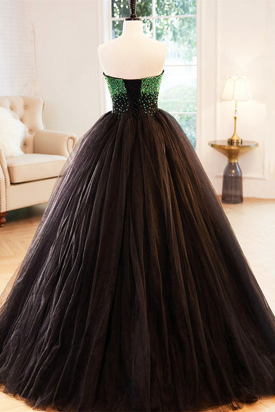 Black Tulle Gorgeous Strapless Beaded Long Prom Dresses, Beaded Black Formal Evening Dresses, Black Ball Gown with Beadings WT1156