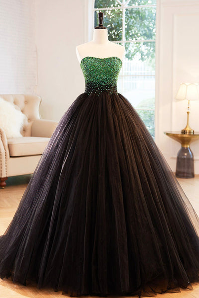 Black Tulle Gorgeous Strapless Beaded Long Prom Dresses, Beaded Black Formal Evening Dresses, Black Ball Gown with Beadings WT1156