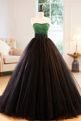 Black Tulle Gorgeous Strapless Beaded Long Prom Dresses, Beaded Black Formal Evening Dresses, Black Ball Gown with Beadings WT1156