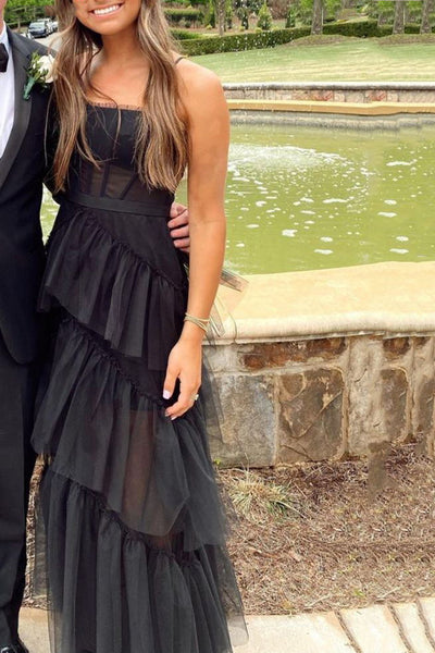 Black Tulle Long Prom Dresses Layered Spaghetti Straps Black Formal Evening Dresses