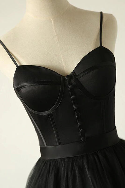 Black Tulle Long Prom Dresses Sweetheart Neck Open Back Black Formal Evening Dresses