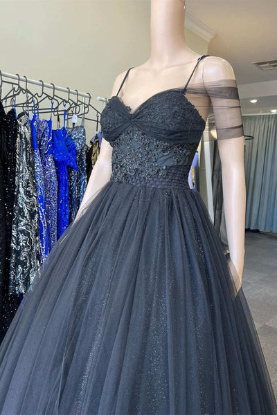 Black Tulle Off Shoulder Lace Long Prom Dresses, Black Lace Formal Dresses, Off the Shoulder Black Evening Dresses WT1104
