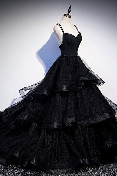 Black Tulle Open Back V Neck Beaded Layered Long Prom Dresses, Black Formal Evening Dresses with Pearls, Black Ball Gown WT1118
