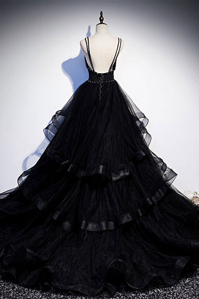 Black Tulle Open Back V Neck Beaded Layered Long Prom Dresses, Black Formal Evening Dresses with Pearls, Black Ball Gown WT1118