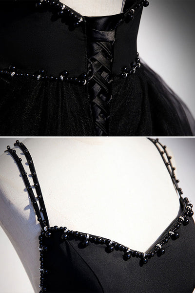 Black Tulle Open Back V Neck Beaded Layered Long Prom Dresses, Black Formal Evening Dresses with Pearls, Black Ball Gown WT1118