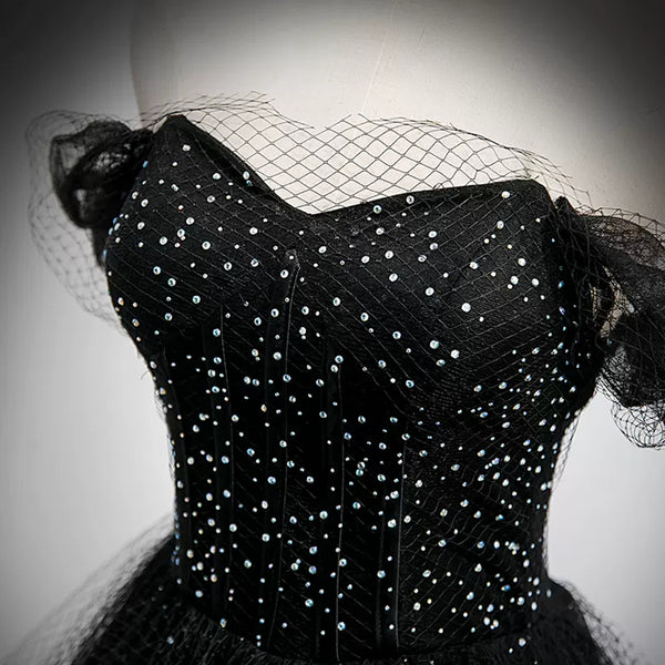 Black Tulle Shiny Off the Shoulder Beaded Long Prom Dresses, Beaded Black Formal Dresses Long, Black Evening Dresses WT1210
