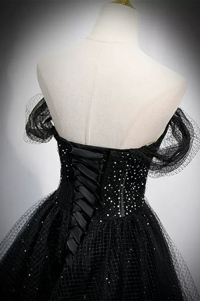 Black Tulle Shiny Off the Shoulder Beaded Long Prom Dresses, Beaded Black Formal Dresses Long, Black Evening Dresses WT1210
