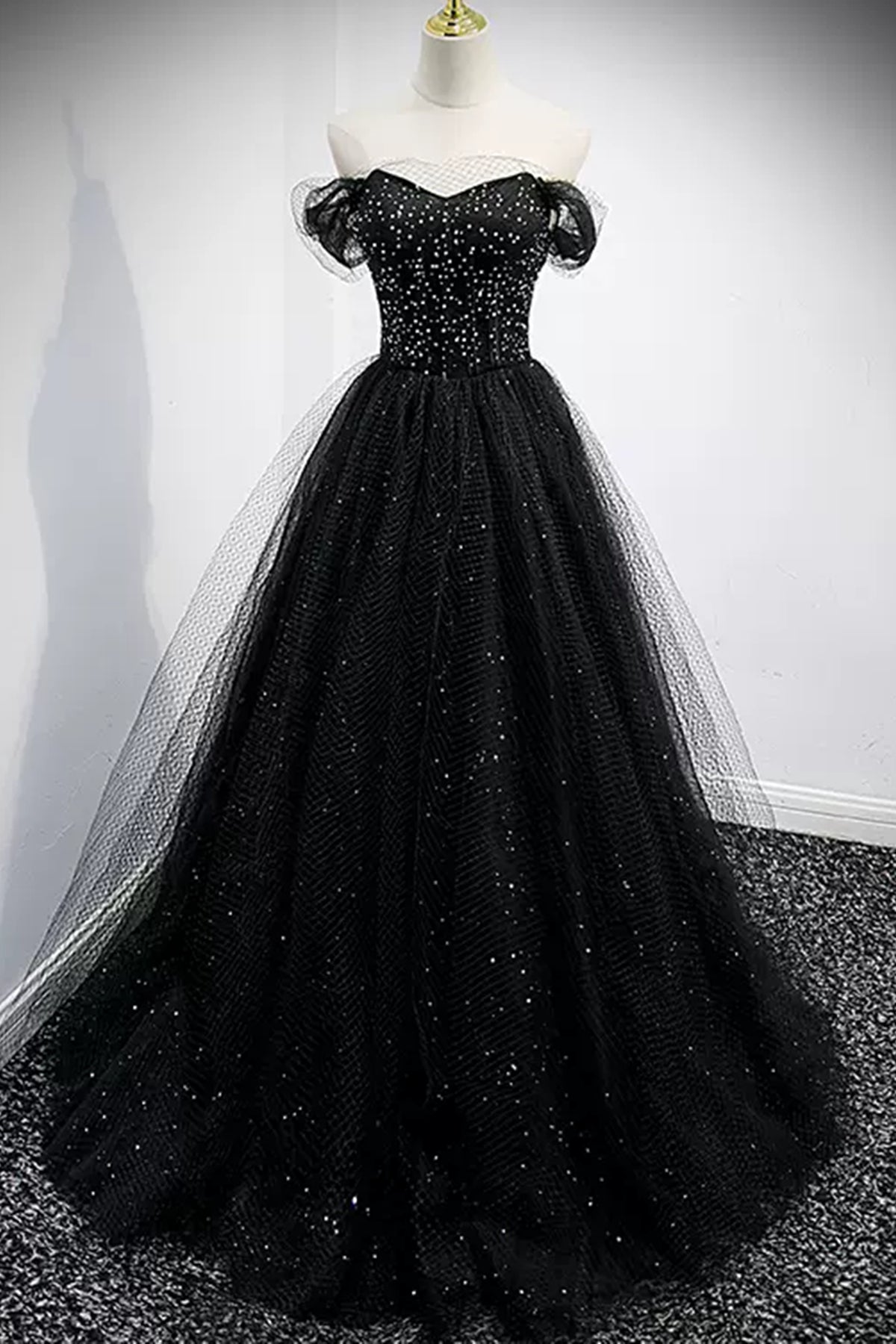 Black Tulle Shiny Off the Shoulder Beaded Long Prom Dresses, Beaded Black Formal Dresses Long, Black Evening Dresses WT1210