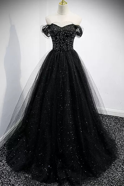 Black Tulle Shiny Off the Shoulder Beaded Long Prom Dresses, Beaded Black Formal Dresses Long, Black Evening Dresses WT1210