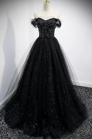 Black Tulle Shiny Off the Shoulder Beaded Long Prom Dresses, Beaded Black Formal Dresses Long, Black Evening Dresses WT1210