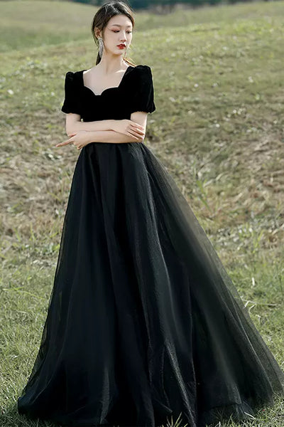 Black Tulle Short Sleeves Long Prom Dresses, Long Black Formal Graduation Evening Dresses WT1189