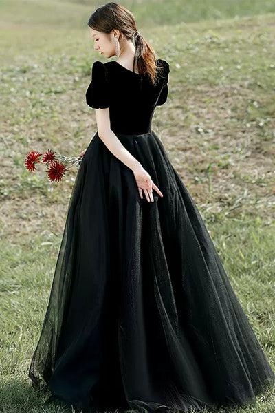 Black Tulle Short Sleeves Long Prom Dresses, Long Black Formal Graduation Evening Dresses WT1189