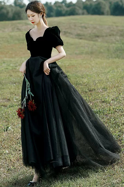 Black Tulle Short Sleeves Long Prom Dresses, Long Black Formal Graduation Evening Dresses WT1189