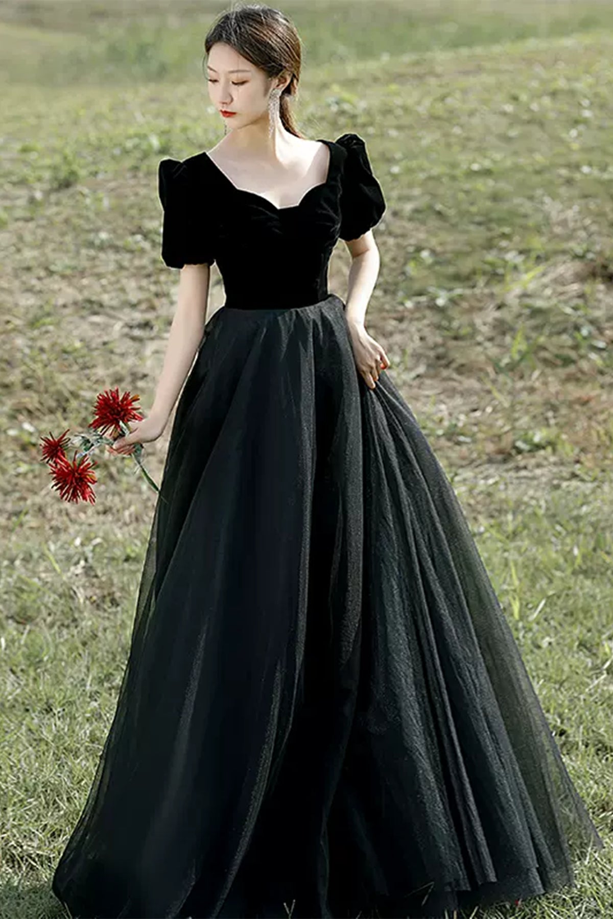 Black Tulle Short Sleeves Long Prom Dresses, Long Black Formal Graduation Evening Dresses WT1189