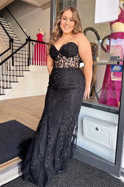 Black Tulle Strapless Mermaid Lace Long Prom Dresses, Black Lace Formal Dresses, Black Evening Dresses WT1146