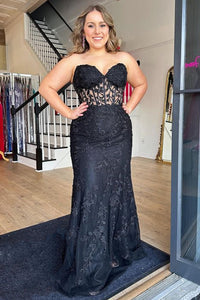 Black Tulle Strapless Mermaid Lace Long Prom Dresses, Black Lace Formal Dresses, Black Evening Dresses WT1146