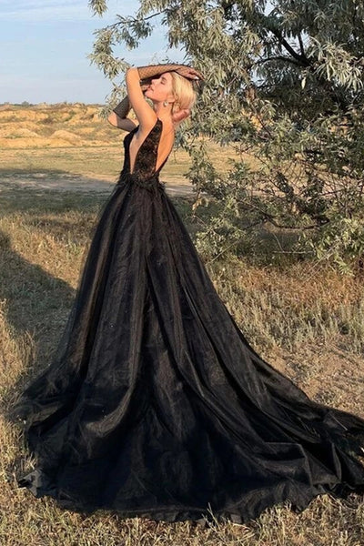Black Tulle V Neck Lace Long Prom Dresses, Black Lace Formal Dresses, Black Evening Dresses WT1173
