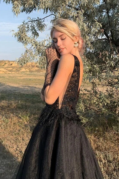 Black Tulle V Neck Lace Long Prom Dresses, Black Lace Formal Dresses, Black Evening Dresses WT1173