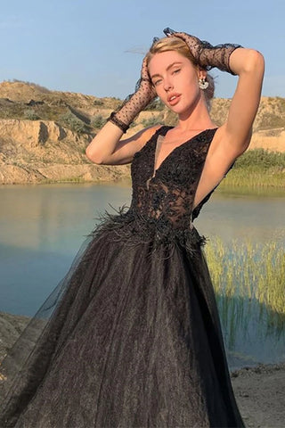 Black Tulle V Neck Lace Long Prom Dresses, Black Lace Formal Dresses, Black Evening Dresses WT1173