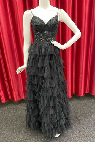 Black Tulle V Neck Open Back Layered Lace Prom Dresses Long, Black Lace Formal Dresses, Black Evening Dresses WT1213