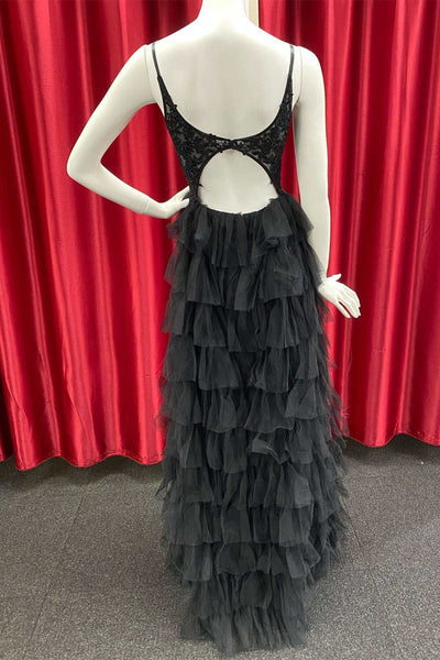 Black Tulle V Neck Open Back Layered Lace Prom Dresses Long, Black Lace Formal Dresses, Black Evening Dresses WT1213