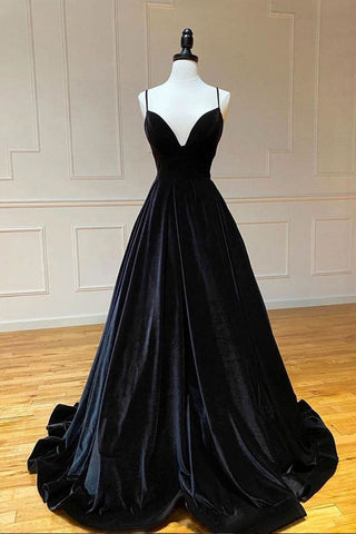 Black Velvet V Neck Backless Long Prom Dresses, V Neck Black Formal Dresses, Black Evening Dresses