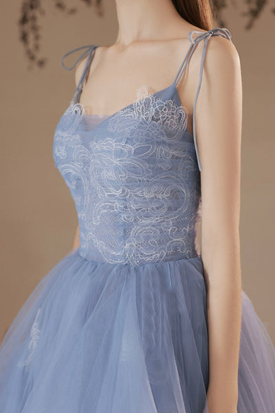 Blue Lace A Line V Neck Long Prom Dresses, V Neck Blue Formal Dresses, Blue Lace Evening Dresses WT1066