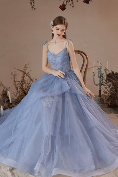 Blue Lace A Line V Neck Long Prom Dresses, V Neck Blue Formal Dresses, Blue Lace Evening Dresses WT1066