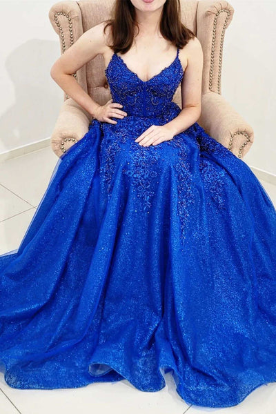Blue Lace A Line V Neck Open Back Beaded Long Prom Dresses, Blue Lace Formal Dresses, Blue Evening Dresses WT1103