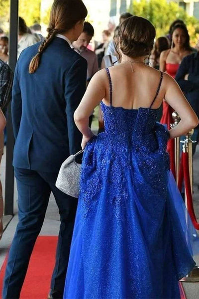 Blue Lace A Line V Neck Open Back Beaded Long Prom Dresses, Blue Lace Formal Dresses, Blue Evening Dresses WT1103