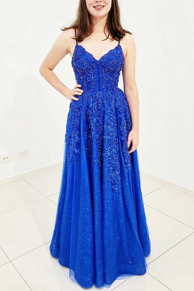 Blue Lace A Line V Neck Open Back Beaded Long Prom Dresses, Blue Lace Formal Dresses, Blue Evening Dresses WT1103