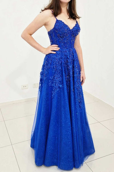 Blue Lace A Line V Neck Open Back Beaded Long Prom Dresses, Blue Lace Formal Dresses, Blue Evening Dresses WT1103
