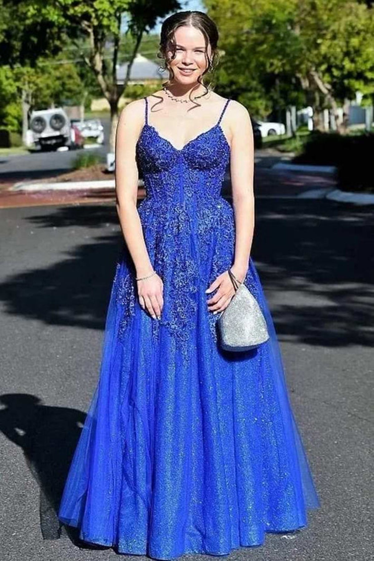 Blue Lace A Line V Neck Open Back Beaded Long Prom Dresses, Blue Lace Formal Dresses, Blue Evening Dresses WT1103