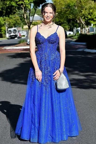 Blue Lace A Line V Neck Open Back Beaded Long Prom Dresses, Blue Lace Formal Dresses, Blue Evening Dresses WT1103