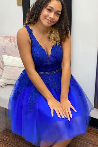 Blue Lace A Line V Neck Short Prom Dresses with Belt, Blue Lace Homecoming Dresses, Short Blue Formal Evening Dresses WT1028