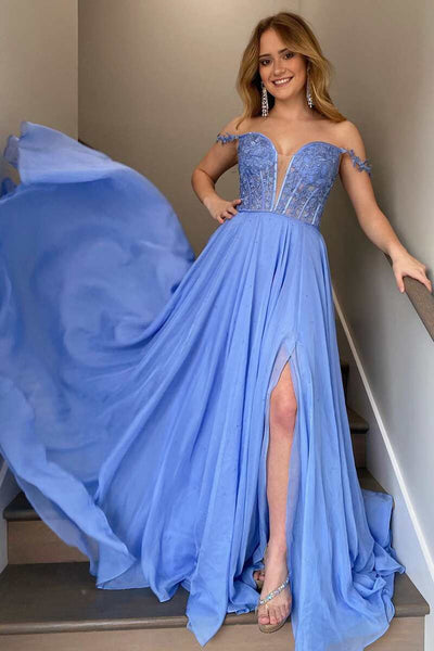 Blue Lace Elegant V Neck Off Shoulder Long Prom Dresses with Leg Slit, Blue Lace Formal Graduation Evening Dresses WT1108