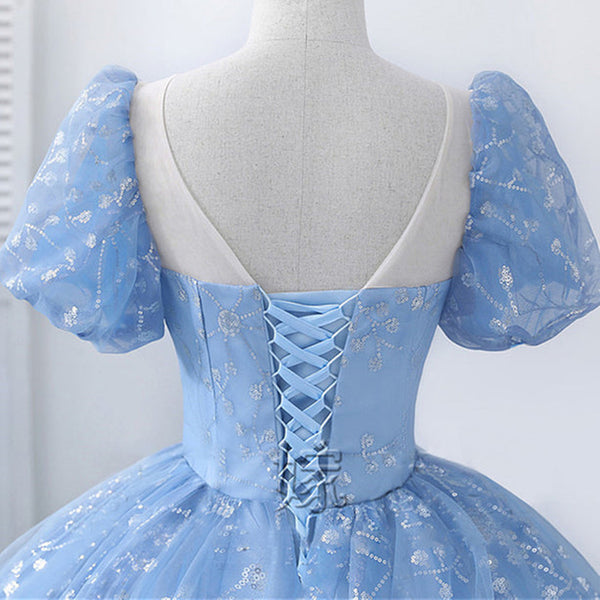 Blue Lace Gorgeous Short Sleeves Long Prom Dresses, Blue Lace Formal Evening Dresses, Blue Ball Gown WT1201