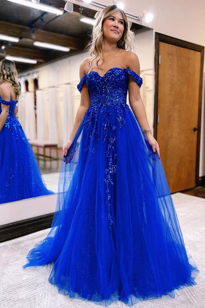 Blue Lace Off Shoulder Long Prom Dresses with High Slit, Off the Shoulder Blue Formal Dresses, Blue Evening Dresses WT1102
