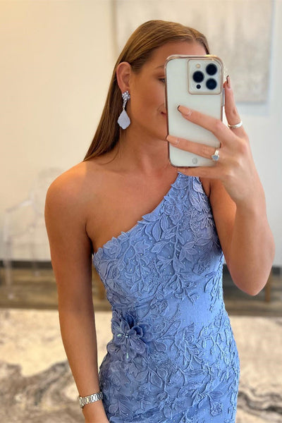 Blue One Shoulder Mermaid Lace Long Prom Dresses with Leg Slit, Blue Lace Formal Dresses, Mermaid Blue Evening Dresses WT1188