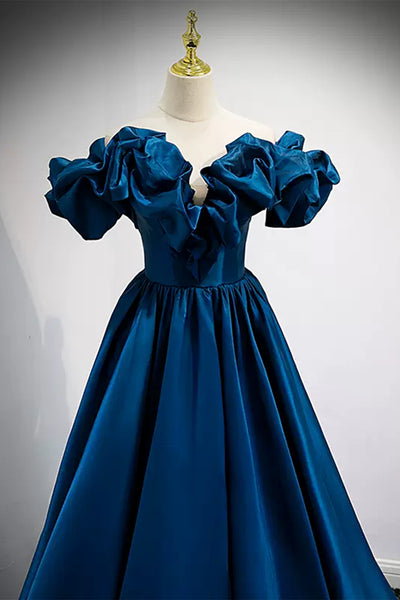 Blue Satin Off the Shoulder Long Prom Dresses, Off Shoulder Blue Formal Graduation Evening Dresses WT1216