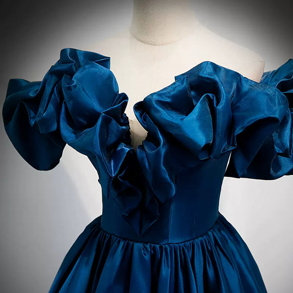 Blue Satin Off the Shoulder Long Prom Dresses, Off Shoulder Blue Formal Graduation Evening Dresses WT1216