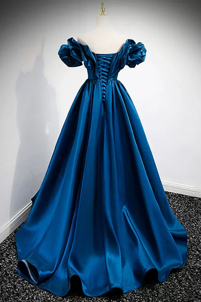 Blue Satin Off the Shoulder Long Prom Dresses, Off Shoulder Blue Formal Graduation Evening Dresses WT1216