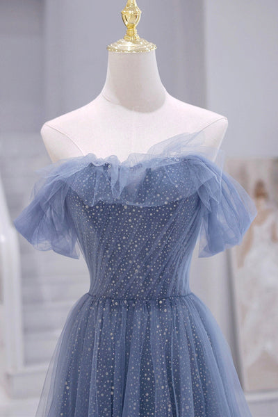 Blue Tulle A Line Off Shoulder Long Prom Dresses, Off the Shoulder Blue Formal Graduation Evening Dresses WT1227