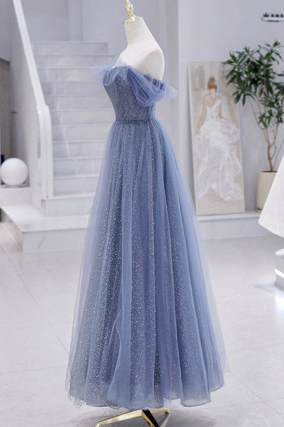 Blue Tulle A Line Off Shoulder Long Prom Dresses, Off the Shoulder Blue Formal Graduation Evening Dresses WT1227