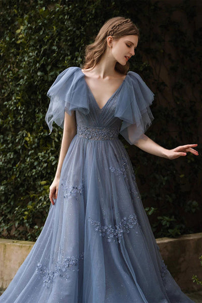 Blue Tulle Cap Sleeves V Neck Lace Long Prom Dresses, V Neck Blue Formal Dresses, Blue Evening Dresses with Appliques WT1056