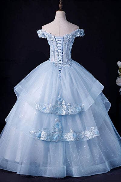 Blue Tulle Off Shoulder Lace Floral Long Prom Dresses, Blue Lace Formal Evening Dresses, Blue Ball Gown WT1184