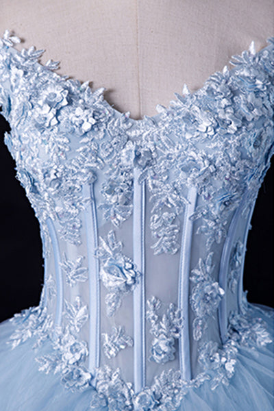 Blue Tulle Off Shoulder Lace Floral Long Prom Dresses, Blue Lace Formal Evening Dresses, Blue Ball Gown WT1184