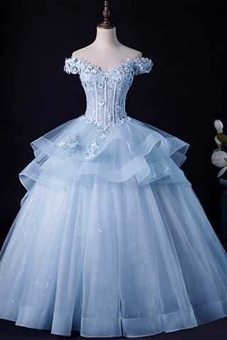 Blue Tulle Off Shoulder Lace Floral Long Prom Dresses, Blue Lace Formal Evening Dresses, Blue Ball Gown WT1184