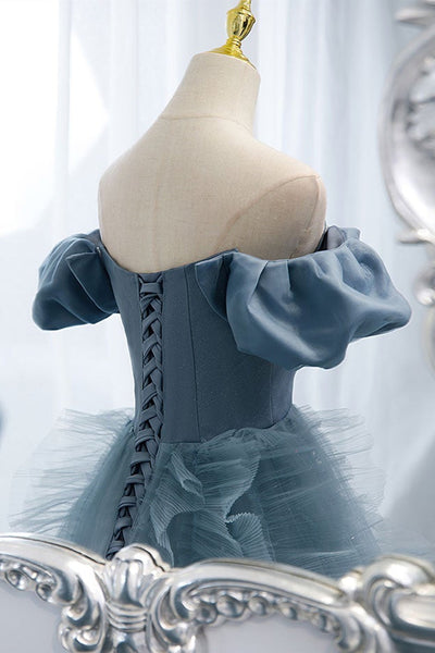 Blue Tulle Off Shoulder Long Prom Dresses, V Neck Blue Formal Dresses, Blue Evening Dresses