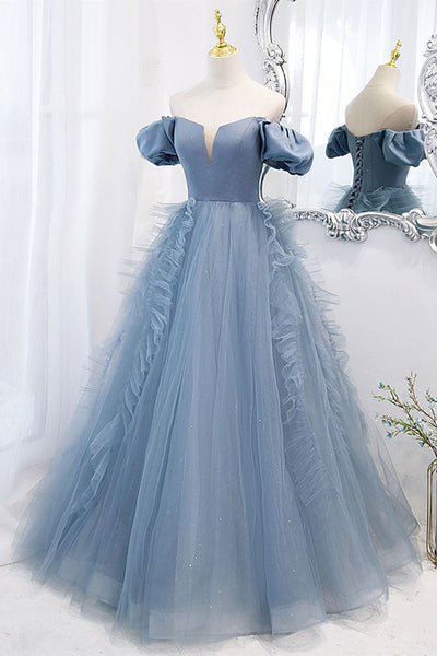 Blue Tulle Off Shoulder Long Prom Dresses, V Neck Blue Formal Dresses, Blue Evening Dresses